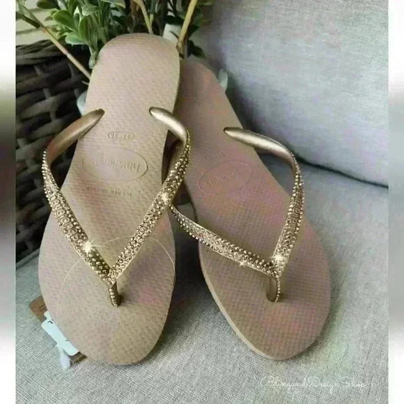 Havaianas Womens Bling Sandals Flip Flops made with Rose Gold Swarovski Crystals - Picture 2 of 7